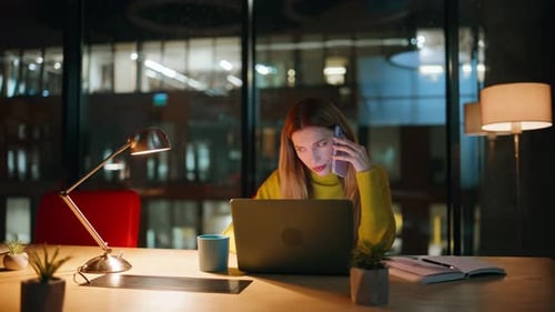 Employee Speaking Cellphone Night Office Looking Laptop Tired Woman Calling