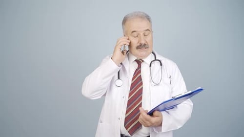 Doctor Talking on Cell Phone Holding Clipboard