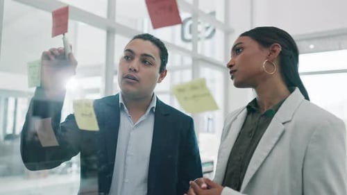 Glass wall, teamwork and business people planning, strategy and schedule in office