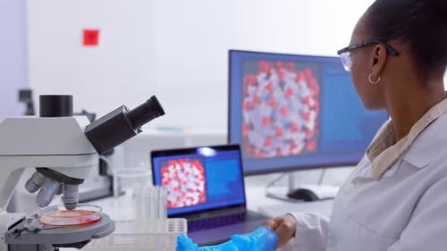 Medicina, microscópio e análise com mulher negra, pesquisas e bactérias em um laboratório