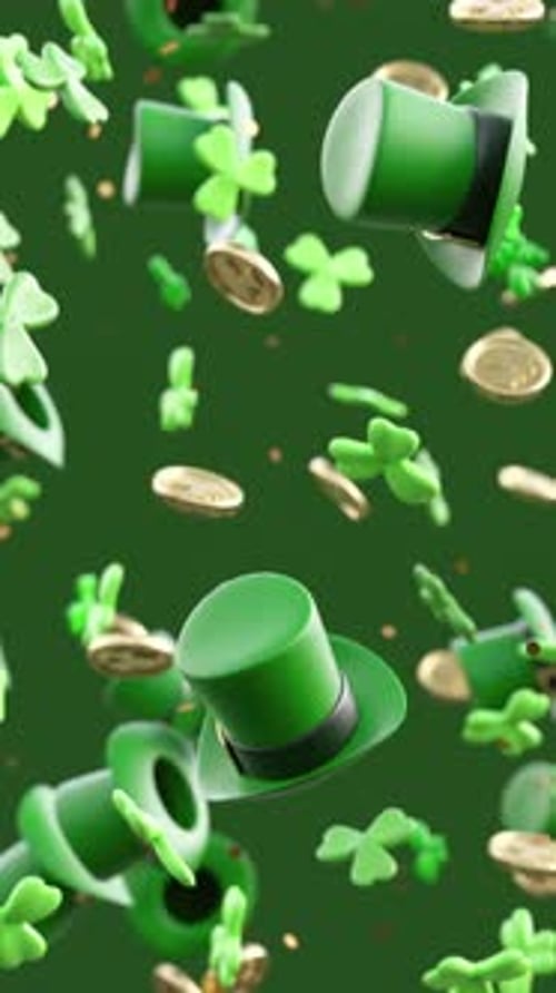 Festive St Patricks Day endless looping video with green leprechaun hats, shamrocks and gold coins