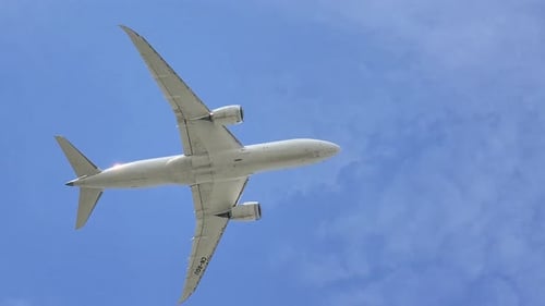 Commercial Airplane Flying Overhead, Sky Background View