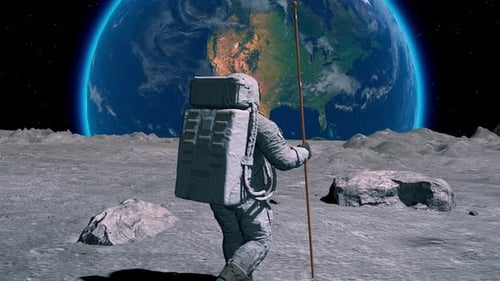 Astronaut on Moon Surface Gazing at Earth with Flagpole