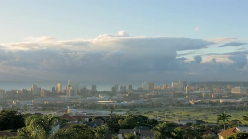 Establishing pan shot, coastal skyline Durban city, Beautiful Morning