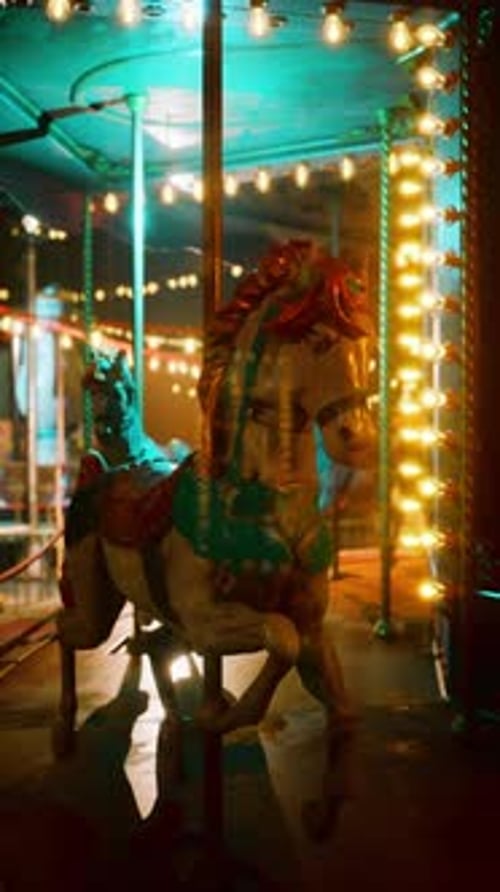Glowing Carousel Horse at Night with Festive String Lights