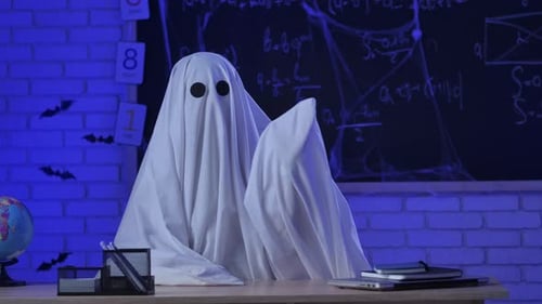 A Person in a White Ghost Sheet Sits at a Table in a Bluelit Room and Waves Hello