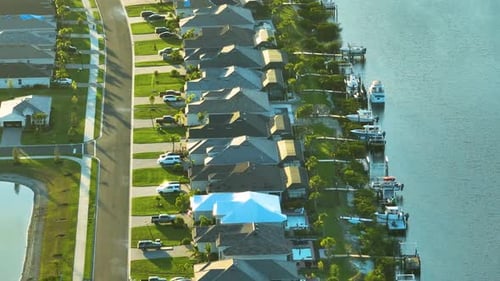American Waterfront Houses in Rural US Suburbs View From Above of Large Residential Homes in Island