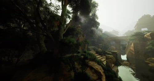 Gloomy Stone Span Crosses Peaceful Foggy River Landscape with Trees