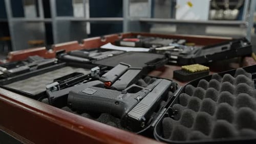Semi-Automatic Gun in Padded Case, with Ammunition at Shooting Gallery