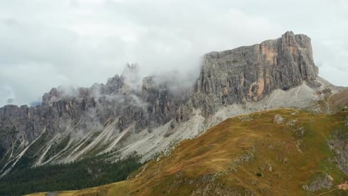 High Mountain Giau Pass in Dolomites Covered with Clouds