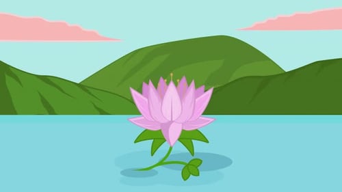 Animated Pink Lotus Flower Blooming in Flat Design Style