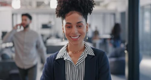 Business, leadership and face of black woman with smile in office for ideas
