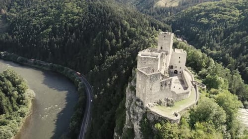 The ancient Strecno castle on the rock in autumn. Location, Slovakia