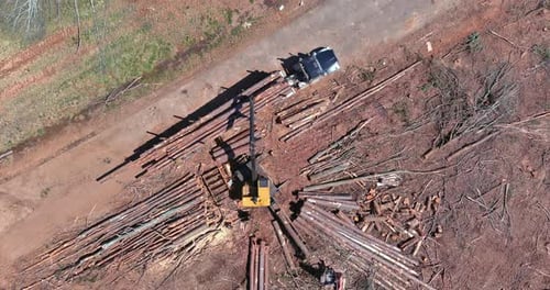 Aerial View of Logging Operation with Heavy Machinery