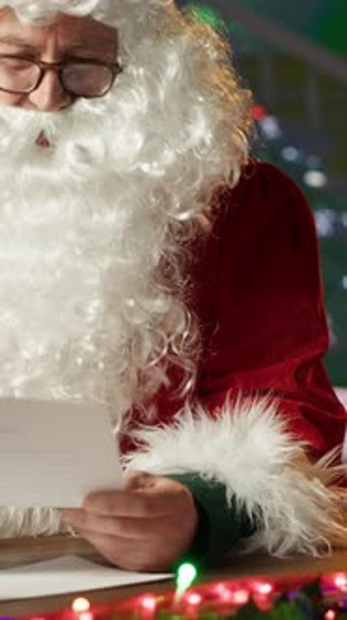 Vertical Video Portrait of Cheerful Old Man Santa Claus Smiling at the Camera