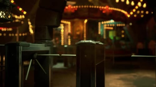 Empty Amusement Park at Night with Bright Lights and Quiet Rides