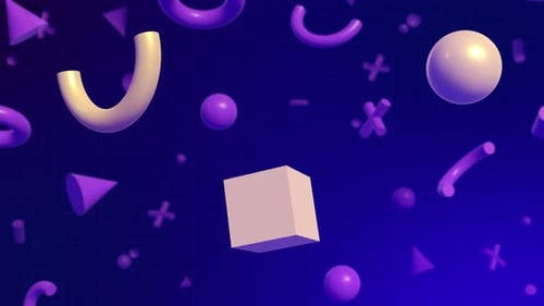 Fließende, schwebende, glänzende, violette und cremefarbene geometrische 3D-Formen auf blauem Raster, abstrakte Bewegte Grafiken