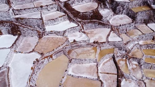 Salt Mines of Maras in the Sacred Valley of Peru, aerial overview of production process