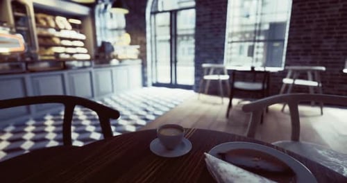 Cozy Cafe Setting with a Coffee Cup and a Pastry in a Bright Space