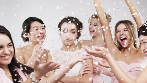 Sad, depression and bride with bridesmaids at wedding, unhappy celebration
