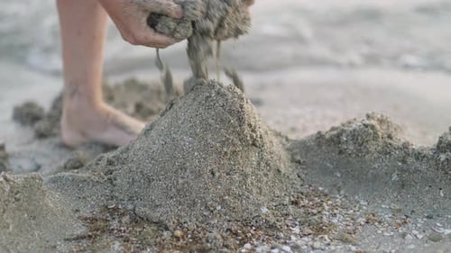 Little Blonde Boy Playing with Sand on Beach Ocean Sea Child Building Sand Castle House Family
