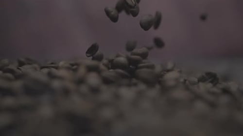 Coffee Beans Falling Into Pile Close Up