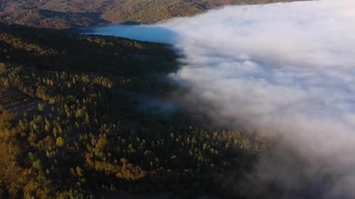Aerial view of autumn morning fog and clouds in the valley