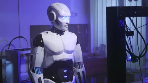 Futuristic Robot with Glowing Eyes in a Lab