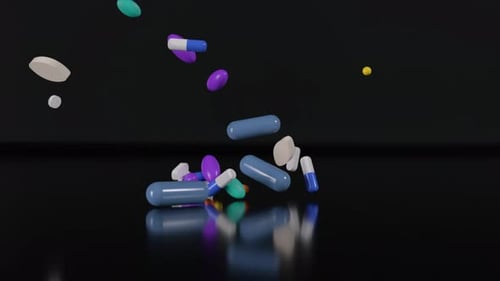 Verschiedene Pillen, die auf einen schwarzen Hintergrund fallen, Medikamente, Pillen, Antibiotika, Vitamine, Gesundheitswesen