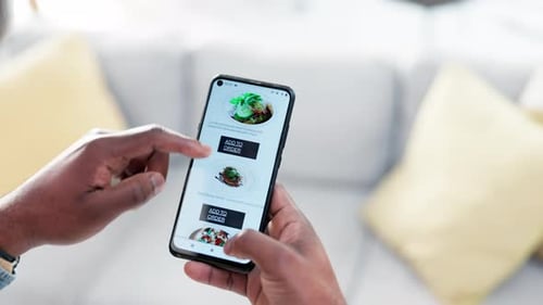 Woman, phone and hands in online shopping, food menu or payment success in living room at home