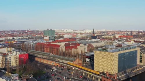 Aerial view of train and buildings, Germany.