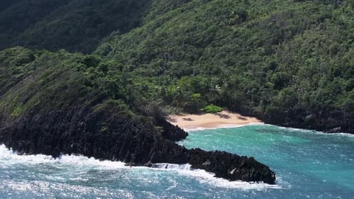 Lush Forest Mountains At The Tropical Beach Of Playa Onda Samana In The Dominican Republic. Aerial D