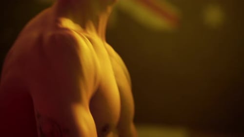 Close-ups of a focused boxer body during training