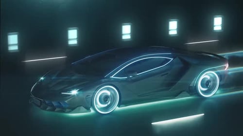 Futuristic Neon Sports Car Driving Through Dark Cyber Tunnel