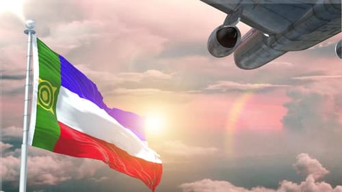 Realistic National Flag Waving with Airplane Flying at Sunset