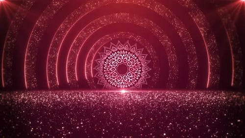Elegant Red Mandala and Glowing Particle Rings Background