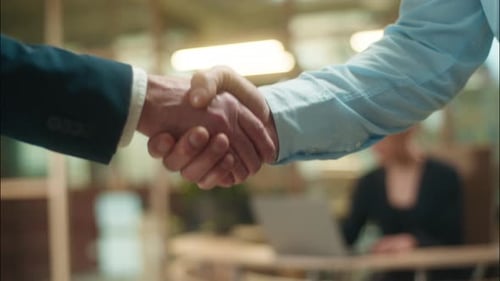 Business Men Hands Handshake Close Up Shaking Arms Close Up Guys Unrecognizable Businessmen Welcome