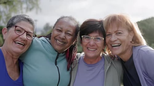 Multiracial sport senior women having fun together after exercise workout outdoor at city park