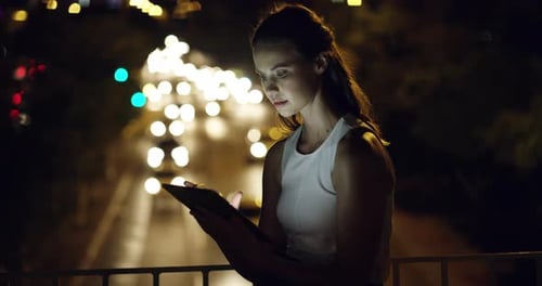 Night, tablet and business woman on a rooftop for research, planning or website scroll outdoor