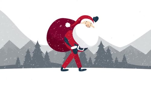 Santa Claus walking in snow with a gift bag