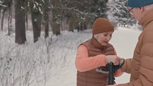 Senior Couple Nordic Walking Together in Winter Forest
