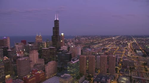 Chicago, Illinois Circa-2019. Aerial View of Chicago at Sunset. From Helicopter