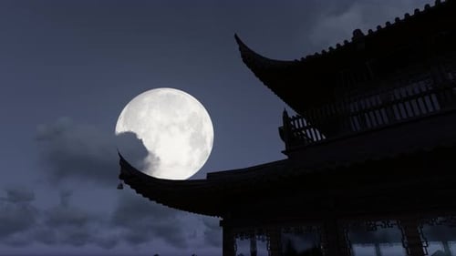 Time-Lapse Full Moon Rising Behind Traditional Pagoda Silhouette