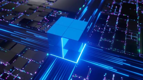 Abstract Sci-fi Cube with CPU Concept: Visualizing Digitalization Process on Circuit Board.