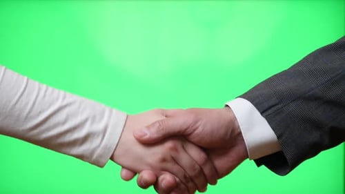 L140. Handshake of male and female hands on a green background.