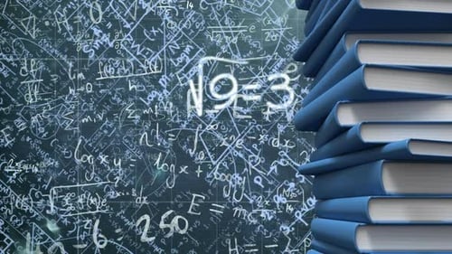 Digital composition of stack of books against mathematical equations floating against black board