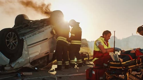 Emergency Personnel Aid Car Crash Victim at Sunset