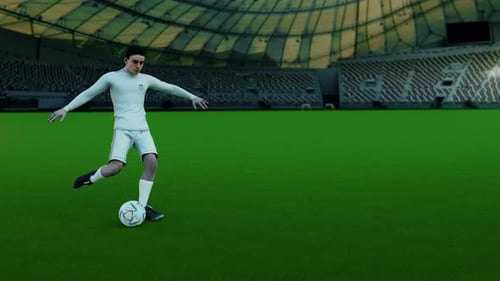 Qatar 2022 4k dynamic shot of soccer player scoring goal on the professional stadium made in 3d with