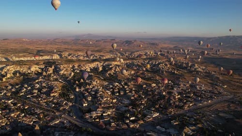 Hot Air Balloons Flying ABove Cappadocia, Turkey on Sunny Morning, Drone Aerial View