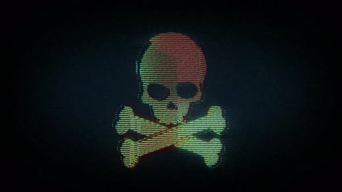Skull pirates and cyberattack symbol with retro style noise glitch